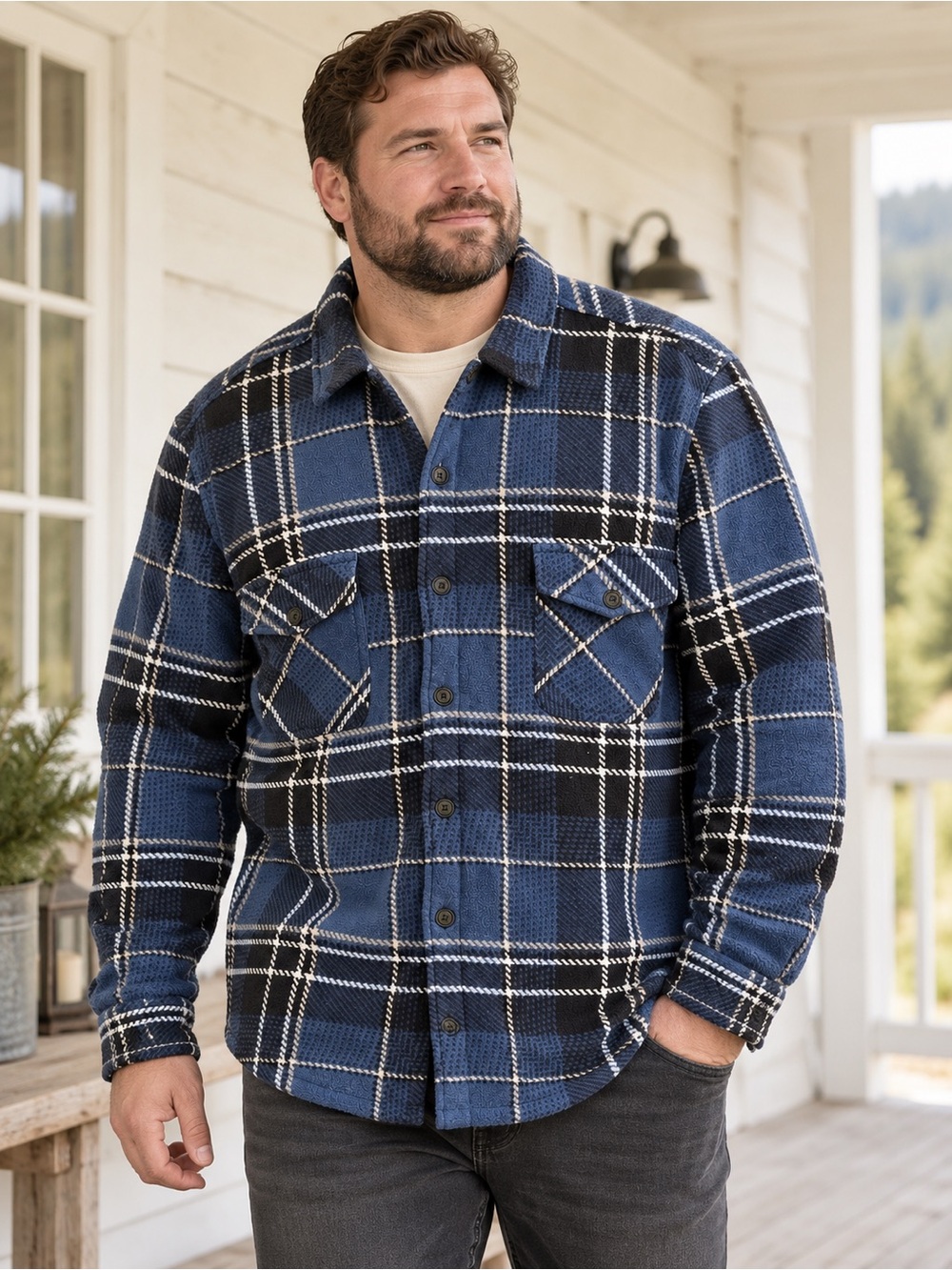 Freedom Foundry Men’s XXL Blue Plaid Sherpa Lined Flannel Shirt Jacket Shacket
